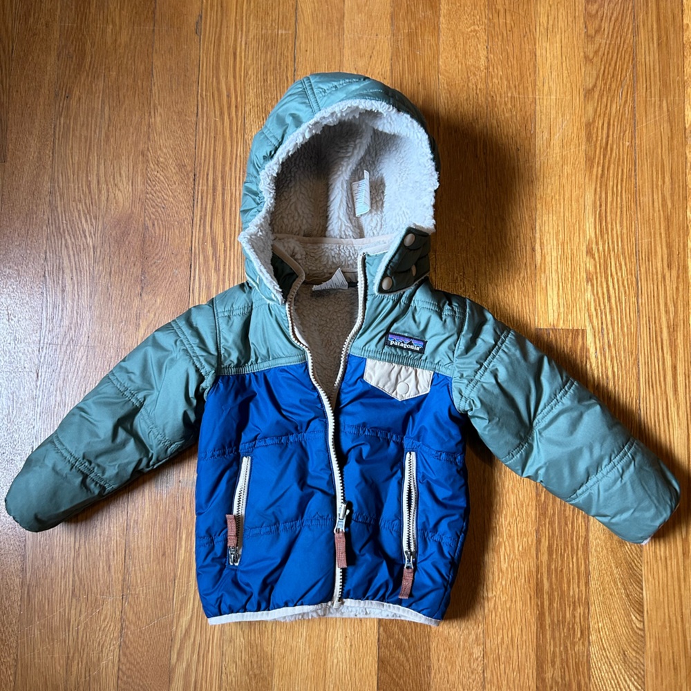 Patagonia Kids Blue and Green Tribbles Reversible Jacket with Removable Hood